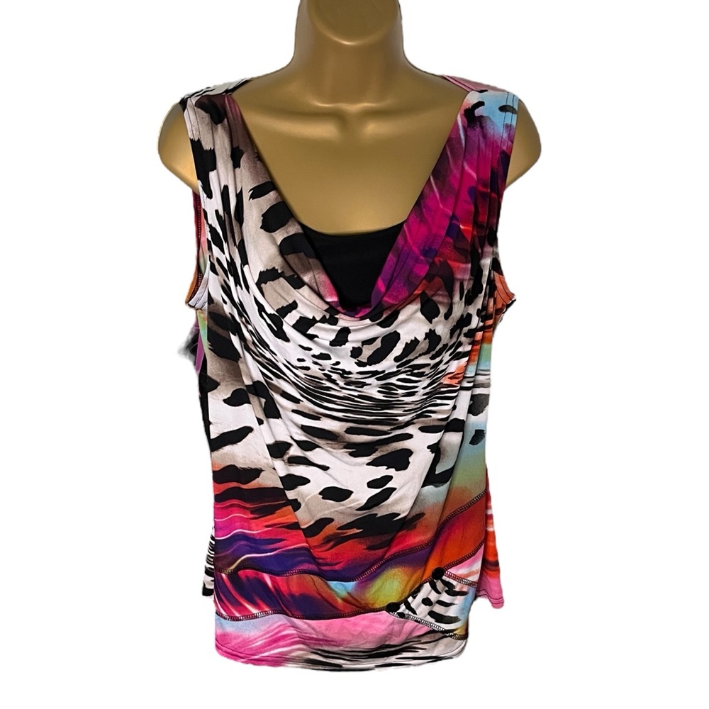 Vintage Y2K 24K Cowl Neck Sleeveless Top Ruched Animal Print Multicolor L